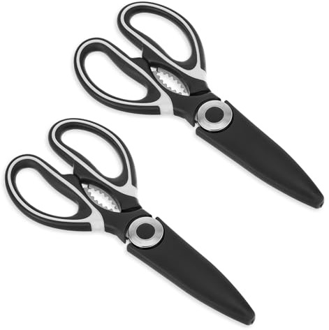 Sharp Kitchen Scissors, 2 Pcs 21 cm Food Scissors, Multipurpose Stainless Steel Cooking Scissor with Protective Sheath for Kitchen, Meat, Fish, Poultry, (Black)