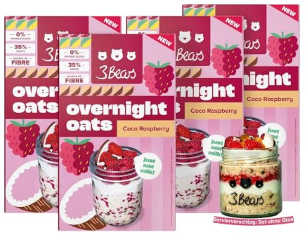 3Bears Overnight Oats Kokos Himbeere 4x400g - Streng limitierte Sommer-Edition - Proteinquelle mit Vollkorn-Hafer, Himbeeren & Kokos - veganes Frühstück ohne Industriezucker - schnelles Meal Prep