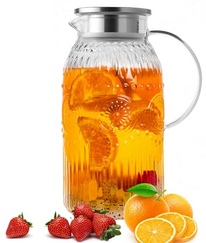Bandesun Vintage Glass Pitcher with Lid, Heat Resistant Borosilicate Water Jug, 68 oz/ 2 Liter Water Pitcher with Handle and Spout for Fridge, Carafe for Hot/Cold Coffee, Tea,Beverage 1Pack