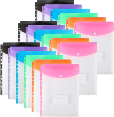 18 pochettes en plastique A4 avec pochettes perforées, dossiers extensibles à 11 trous pour classeur à 2/3/4 anneaux avec bouton à pression et étiquette pour feuilles détachables transparentes pour