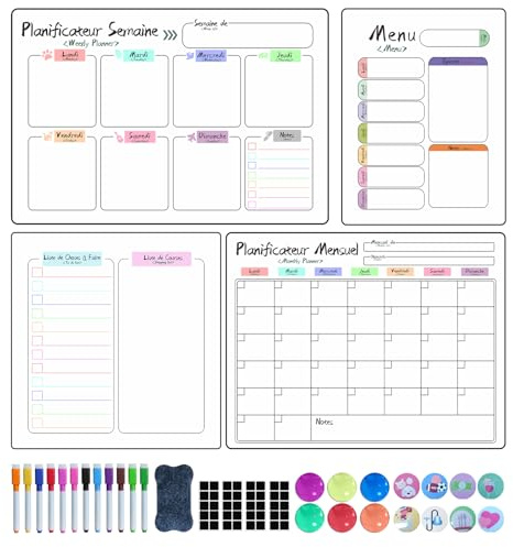 Prelisee 4 Pièces Calendrier Magnetique Frigo,Planificateurs Mensuels Magnétiques Effaçables,Tableau Menu Semaine Frigo Liste de Courses Planning Semaine Magnetique avec Raccords pour Enfants Adulte