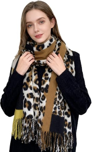 ZCJ Bufanda para Mujer - Chal, Pañuelo de Cuello, Foulard para Otoño e Invierno Cálida, Estampado de Leopardo con Flecos, Sensación de Cachemira, Premium Animal Print Scarf, Camel