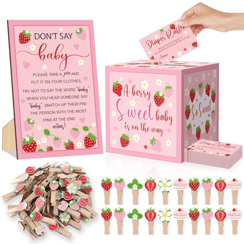 102Pcs Strawberry Baby Shower Game Supplies Diaper Raffle Card Box with Diaper Raffle Tickets Don't Say Baby Sign Mini Clothespin for Pink Strawberry Gender Reveal Baby Shower Party Decor Supplies
