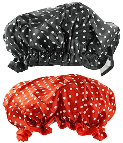 2 Pezzi Impermeabile Cuffia da Bagno,Cuffia Doccia,a doppio strato, Elastica Shower Caps per uso principale,il bagno,donne e ragazze, SPA, rosso + nero