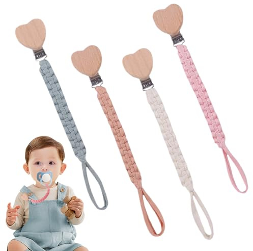 ARTGUTS 4 Stück Baby Schnullerkette Clip, Holz Schnullerkette Mädchen, Schnullerkette Stoff, Verstellbarem Schnullerclip Ideal für Kinderwagen, Baby Zubehör für Hochstühle Babyflaschen Anwendung