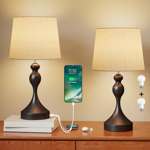 HOMCOM Dimmable Bedside Lamps Set of 2, Modern Table Lamps with 3 Colour Temperatures, USB A+C Charging Ports and Linen Shade for Living Room Bedroom Office, Black