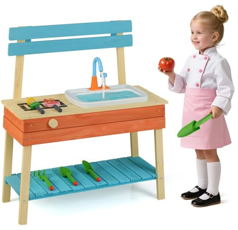 GOPLUS Cocinita Infantil de Madera con Fregadero Desmontable, Grifo, Parrilla, Cocina de Juguete para Cocinar y Jardinería, Juguete para Niños y Niñas de 3-8 Años