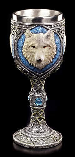 Figuren Shop GmbH Fantasía Cáliz- Einsamer Lobo con Azul Piedras Semipreciosas y Edelstahl-Einsatz, Pintado a Mano