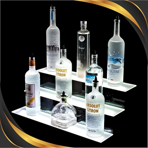 Bar Accessories for Home Pub and Man Cave | Three Tier LED RGB Colour Changing Whiskey Shelf Alcohol Bottle Display | Stand Shelves for Displaying Spirits Liquor Beer Wine | Includes Remote Control