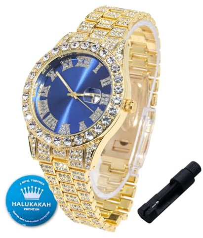 HALUKAKAH Reloj de Oro con Diamantes para Niños,Adolescentes,Chicos - Chapado en Oro 18K,Esfera Azul 42mm,Cuarzo Japonés - Pulsera Ajustable 20cm,con Herramienta de Ajuste - para Cumpleaños,Fiestas