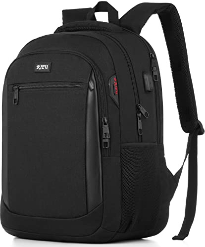 RJEU Mochila de viaje para laptop, mochila escolar con puerto de carga USB para hombres, mujeres, niños y niñas mayores de 3 años, Negro, 15.6 inch, Moderno