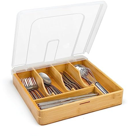 HIMAugbo Besteckkasten Mit Deckel für Schubladen aus Bambus, Besteckeinsatz fur Küchen für Löffel, Gabeln, Messer, Besteckbox Aufbewahrung, Besteckkassette Camping, 30 * 30 * 7cm