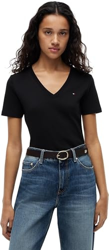 Tommy Hilfiger Donna T-Shirt Maniche Corte New Slim Cody con Scollo a V, Nero (Black), M