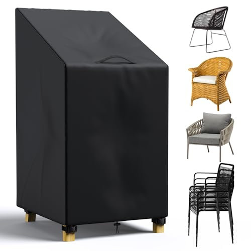 LCGOD Gartenstuhl-Abdeckung 600D wasserdicht 1PCS-120/80 * 65 * 65 cm - Atmungsactive Schutzhülle mit verstellbaren Bändern für Stapelstühle & Sessel, Schwarz Wasserdichter UV-Schutz