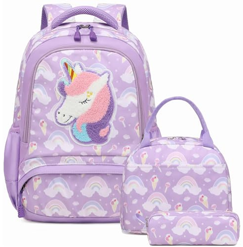Kimwadalh Cartable Fille Licorne Broderie Sets Scolaires CE1 CE2 avec Sac à Dos Primaire + Isotherme Panier Repas + Trousse