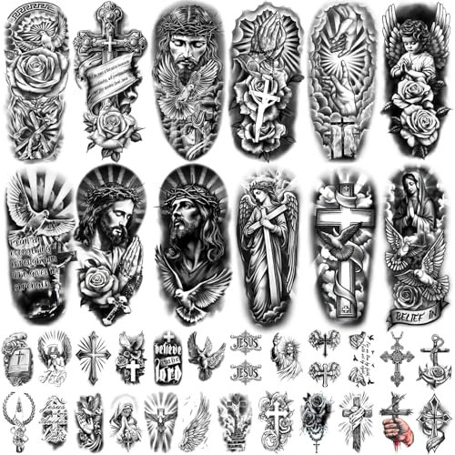 77 fogli di tatuaggi temporanei cristiani per adulti uomini donne, bambini, religiosi, Gesù, croce, Dio, Cristo, cattolici, realistici, mezze maniche, tatuaggi finti, adesivi