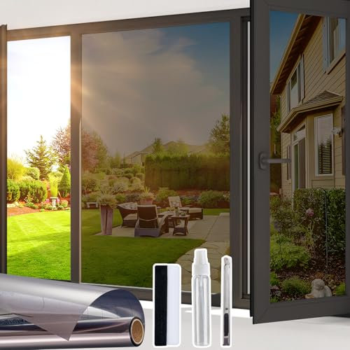 Beautysaid One Way Window Film Privacy Film for Glass Windows, Heat Control Reflective Mirror Window Tint Film Home, UV Sun Blocker Anti Glare Vinyl House Doors Cover with Tools, Black, 44.5 x 200cm