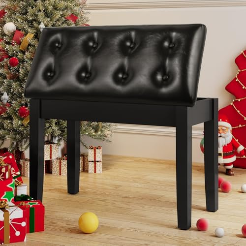 MAMIZO Piano Stool, Piano Bench with Large Storage, Dressing Table Stool, PU Leather Padded Cushion Wooden Keyboard Seat for Vanity, Bedroom, Living Room, 75 x 35 x 49 cm, Black