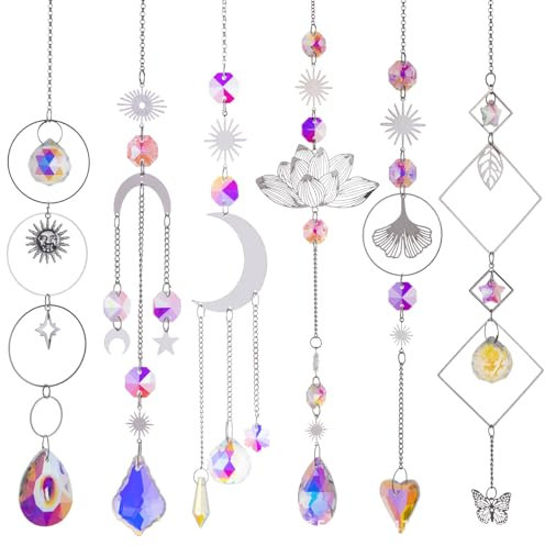 Werownsgso Lot de 6 pendentifs attrape-soleil en cristal avec lotus, étoile, lune, arc-en-ciel, cristal, pour jardin, fenêtre, Noël, mariage