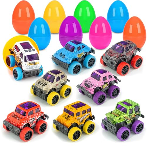 Toyard Easter Basket Stuffers for Boys Age 3-6 – Pull Back Monster Trucks for Easters Egg Hunt, Party Favors, and Prefilled Easter Eggs, Set of 8