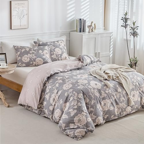 Lekesky Bettwäsche 200x200, Bettwäsche 3teilig Bettbezug, Pfingstrose Blumenmuster 200x200 Bettwäsche Set Mikrofaser mit Kopfkissenbezug mit Reißverschluss 80x80cm*2, Grau