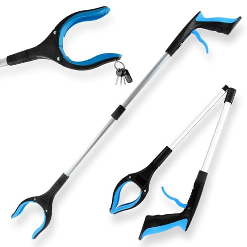 LINKINNO Outils de Ramassage, 82cm Pince telescopique Objet en Aluminium avec Tête Rotative 360° Poignée Ergonomique et Embouts Magnétiques pour la Collecte des Déchets (Bleu)