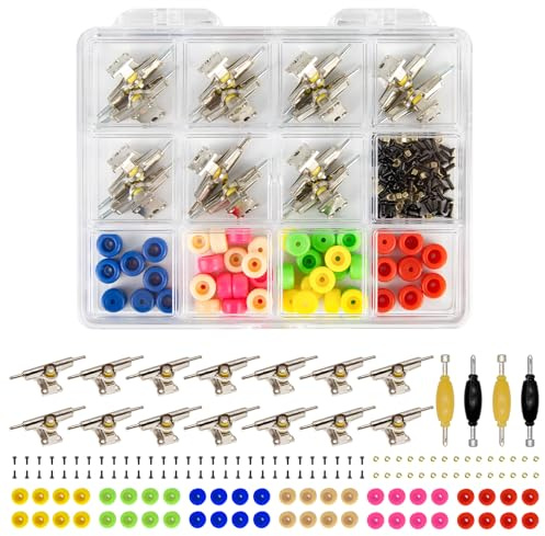 DisplayMore Reparationssats för greppbräda - Inkluderar låda och verktyg-mini 96 mm fingerskateboarddelar inkluderar 14 fästen 48 flerfärgade hjul 60 skruvar 30 muttrar 4 skruvmejslar (lastbilar - 31