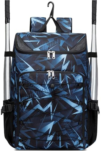 FOKDUVB Baseball Softball Equipment Bag for Boys Girls Ages 8-12 10-12 12-14 Large Kids Youth Bat Bag Backpack with Ventilated Shoe Compartment Baseball Softball Stuff Supplies (Dark Blue, Geometric)