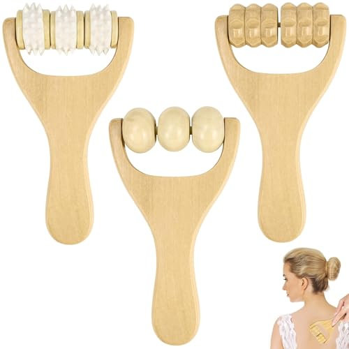 FLEXNOVA 3 Stück Massageroller Holz, Faszienstab Faszienrolle Klein Holz Massage Roller mit Griff Oberschenkel Muskelroller Rückenmuskel Roller für Nacken Schulter Beine Füße Gesicht Rücken
