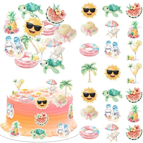 60 Pack Edible Summer Beach Theme Cake Topper Umbrella Chair Palm Tree Watermelon Pineapple Cake Pick Hawaiian Beach Cupcake Decorations for Baby Shower Birthday Wedding Party Supplies