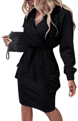 CHICME Womens Pullover Hoodie Dress Long Sleeve V Neck Wrap Drawstring Waist Casual Sweatshirt Dress with Flap Pockets-bk-M Black