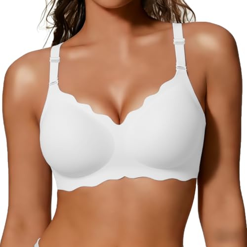 COCOMARTS Jelly Bras for Women No Underwire Scalloped Push Up Wireless Bralettes Seamless Soft Comfort Everyday Tshirt Bra White Large