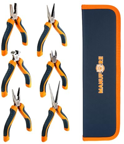 MANUFORE 6-Piece Mini Pliers Set — Needle Nose, Long Nose, Diagonal, Flat Nose, End Cutting & Linesman Pliers for Precision DIY, Electronics Repair, Jewelry Making & Crafting