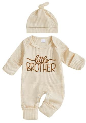 BeliBacca Newborn Little Brother Baby Boy Outfits Long Sleeve Letter Embroidery Crew Neck Romper Jumpsuit Hat Set One Piece Infant Toddler Boy Fall Outfits (Apricot, 3-6 Months)