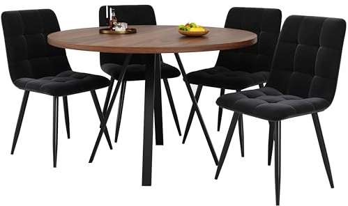 BXEYXE matgrupp (5 TLG), runt matbord, 80 × 80 × 75 cm matbord med 4 matstolar, runt soffbord för 4 personer, sammetssäten med valnötsfärgat matbord, svarta matstolar