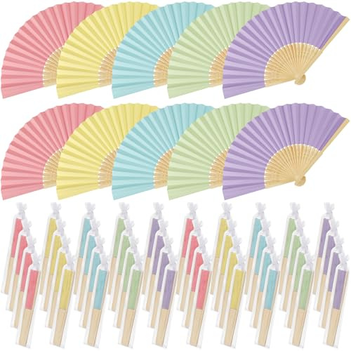 Quzzil 50 Pcs Wedding Folding Paper Fans for Guests Bamboo Folded Hand Fan with Gift Bags Vintage Paper Handheld Fans for Church Wedding Gift Bridal Shower Decorations (Pastel)