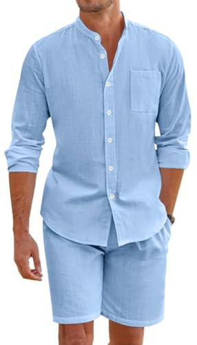 OLIPHEE Completi Lino Uomo Estivi Leggeri Set Tuta Due Pezzi Uomo Comodo con Camicia e Pantaloncini Spiaggia Primavera Completo da Ginnastica Jogging Casa Outdoor Yoga Blu XL