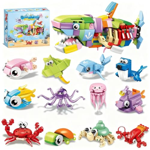 KMFASVX Bloques de Construcción Animales Marinos, Mini Juguete de Bloques de Construcción de Vida Marina, Animales Ladrillos Creativos, Regalos Navidad y Cumpleaños para Niños y Niñas 3-12 Años
