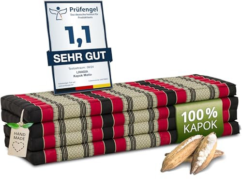 livasia Nachhaltige Klappmatratze Kapok XXL - 200x140x8cm - extrabreite Gästematratze, Faltbare Matratze doppel, ökologische Yogamatte, Gästebett klappbar, Liege Garten Balkon (Schwarz/Rot)