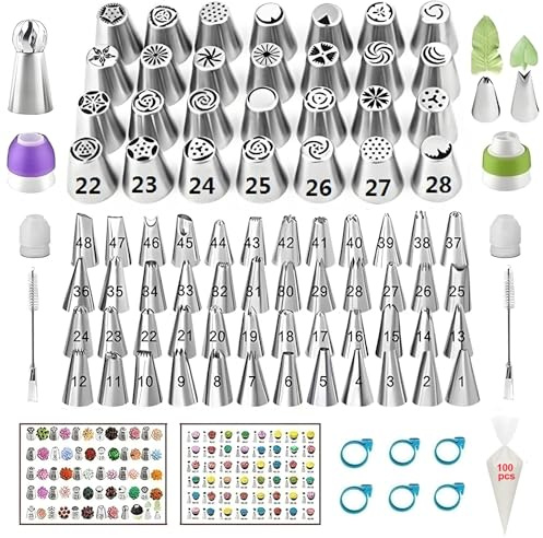 YOQXHY Russian Piping Tips Set, 193 Pcs with 28 Numbered Russian Tips, 48 Numbered Icing Tips, 1 Ball Tip, 2 Leaf Tips, Pattern Chart, 4 Couplers, 100 Pastry Bags & More for Cake Cupcake Decorating
