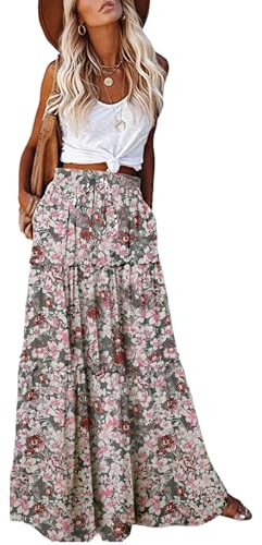 EARKOHA Trendy Lightweight Drawstring Tiered Ruffles Paisley Hippie Plus Size Bohemian Long Maxi Skirt with Deep Pockets for Office Music Festival Travel Picnic Dating Fall Outfits White Floral S