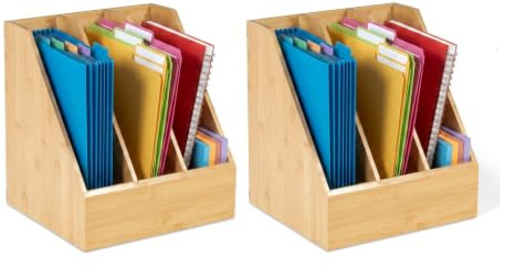 Osco Natural MOSO Bamboo Triple Magazine File Organisers for Desk, Shelf Filing – Brochure & Document Holder, A4 Compatible – Stylish Eco Office Storage – 2 Pack (30×28×25 cm)
