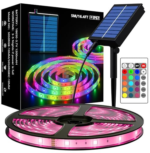 MIWATT Solar LED Streifen Lichter im Freien, 5M solarbetriebene RGB LED Streifen SMD 5050 LED Lichter, IP67 wasserdichte Seilleuchten (1)