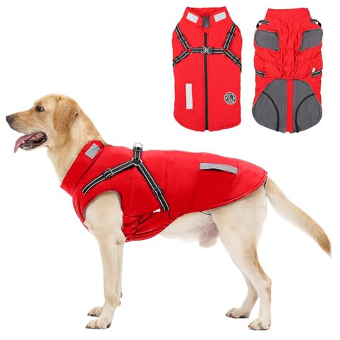 Abrigo Invierno Perro, Abrigo Impermeable para Perros Resistente al Viento, Chaqueta para Perros con Tiras Reflectantes Seguras & Arnés Ajustable para Perros pequeñas, Medianas y Grandes