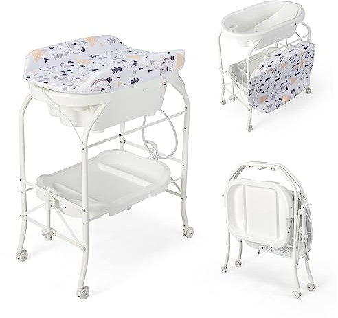 GYMAX Folding Baby Changing Table with Bathtub, Portable Newborn Bath Table and Dresser Unit with PVC Pad, Storage Tray and Wheels, Infant Diaper Changing Station (White)