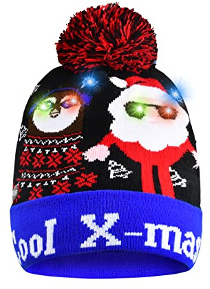 Qtuie Bonnet Noël Lumineux avec LED - Chapeau Tricoté pour Adulte Enfants - Hiver Chaud Bonnets du Père Noël pour Fête (Polyester)