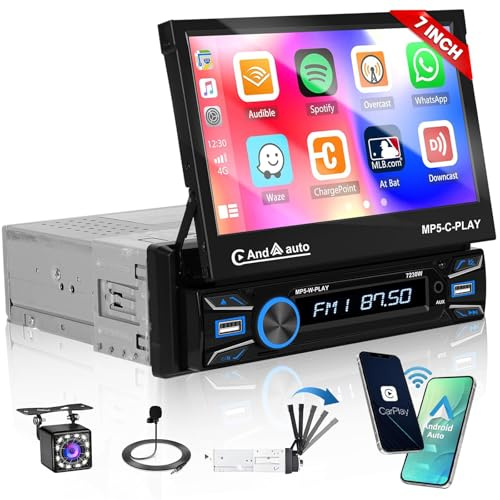 Hikity 1 Din Apple Carplay Android Auto Wireless, 7-Inch Retractable Touch Screen with Bluetooth Handsfree Mirror Link FM SWC AUX USB + Rear Camera