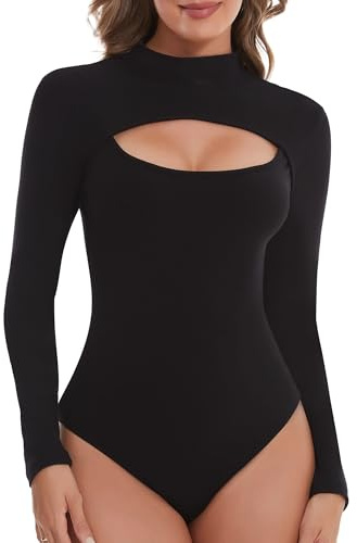 SHAPERIN Body Mujer Manga Larga Bodysuit de Cuello Alto Leotardo Elástico Jumpsuit Top Long Sleeve Cutout Front Negro #3 M