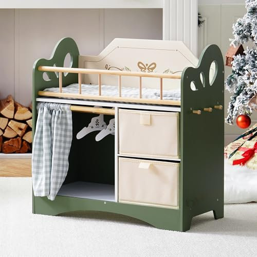 ROBOTIME Baby Doll Crib, Kids Wooden Doll Bed with Storage Cabinet and Bedding Accessories, Furniture Toy Cribs and Cots, Toy Cot Suits Under 22, for Toddler Aged 3+ (Green)