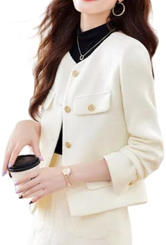 AUKLETBLIEF Veste en tweed vintage pour femme - Manches longues, col rond, élégante - Décontractée et chic, Blanc., M